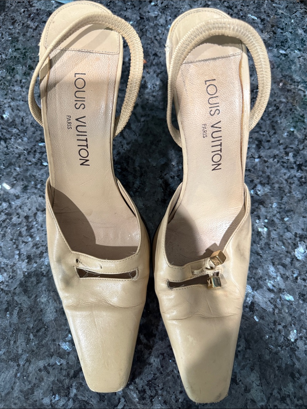 1990’s era Louis Vuitton Beige Leather Slingback Mules with Gold Accent